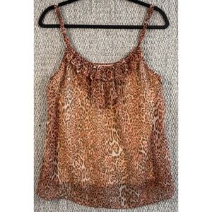 New York & Company Leopard Print Chiffon Cami Camisole Top Women's L Ruffle